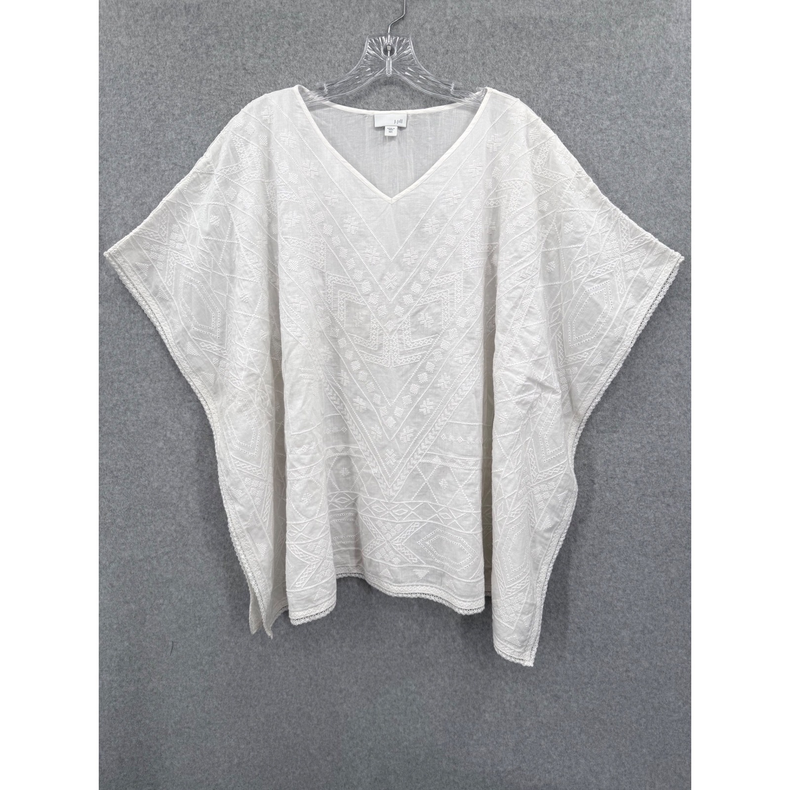 J. Jill Embroidered Poncho Top Womens M/L White Cotton Lace V-Neck Boho Kaftan